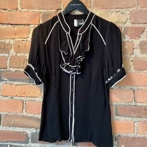 Black Short-Sleeve, Button Women's Blouse with White piping.  Size: Medum